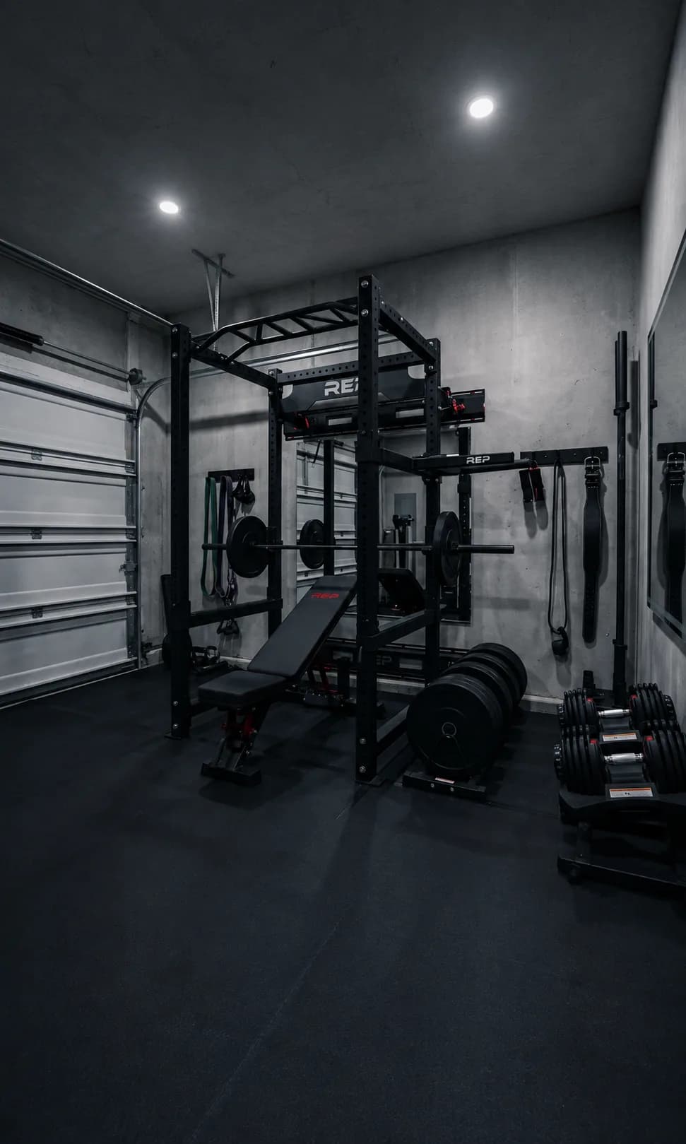 Bodybuilding home gym built in a one-car garage