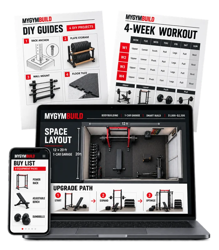 The free blueprint: DIY guides, floor plan, buy list, 4-week workout plan and upgrade path, shown on paper, laptop and phone.